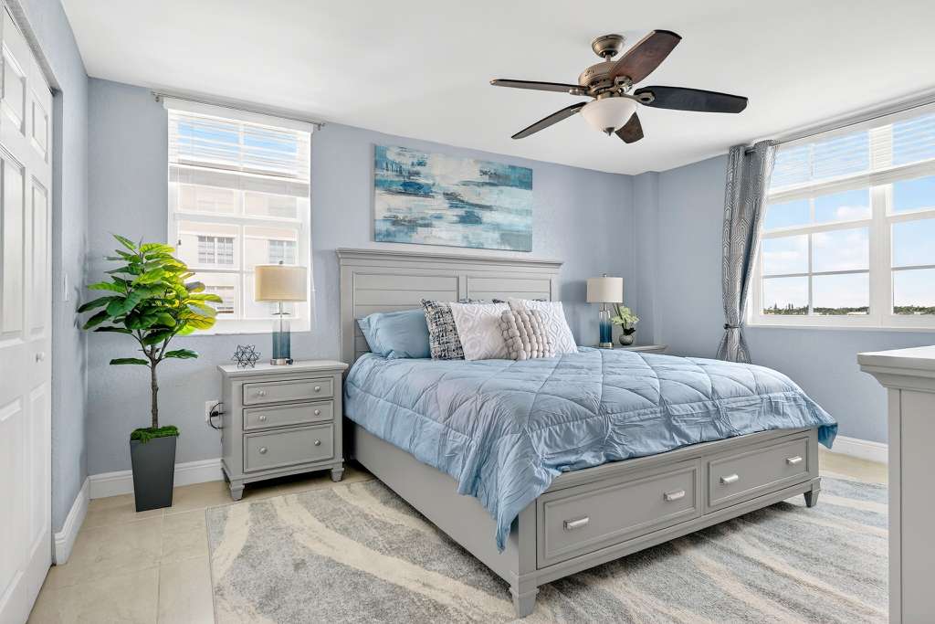 Bedroom after professional interior design and rental property styling